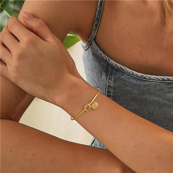 Gold initial bracelet dainty personalized letter cuff bangle jewelry for women - Picture 6 of 8